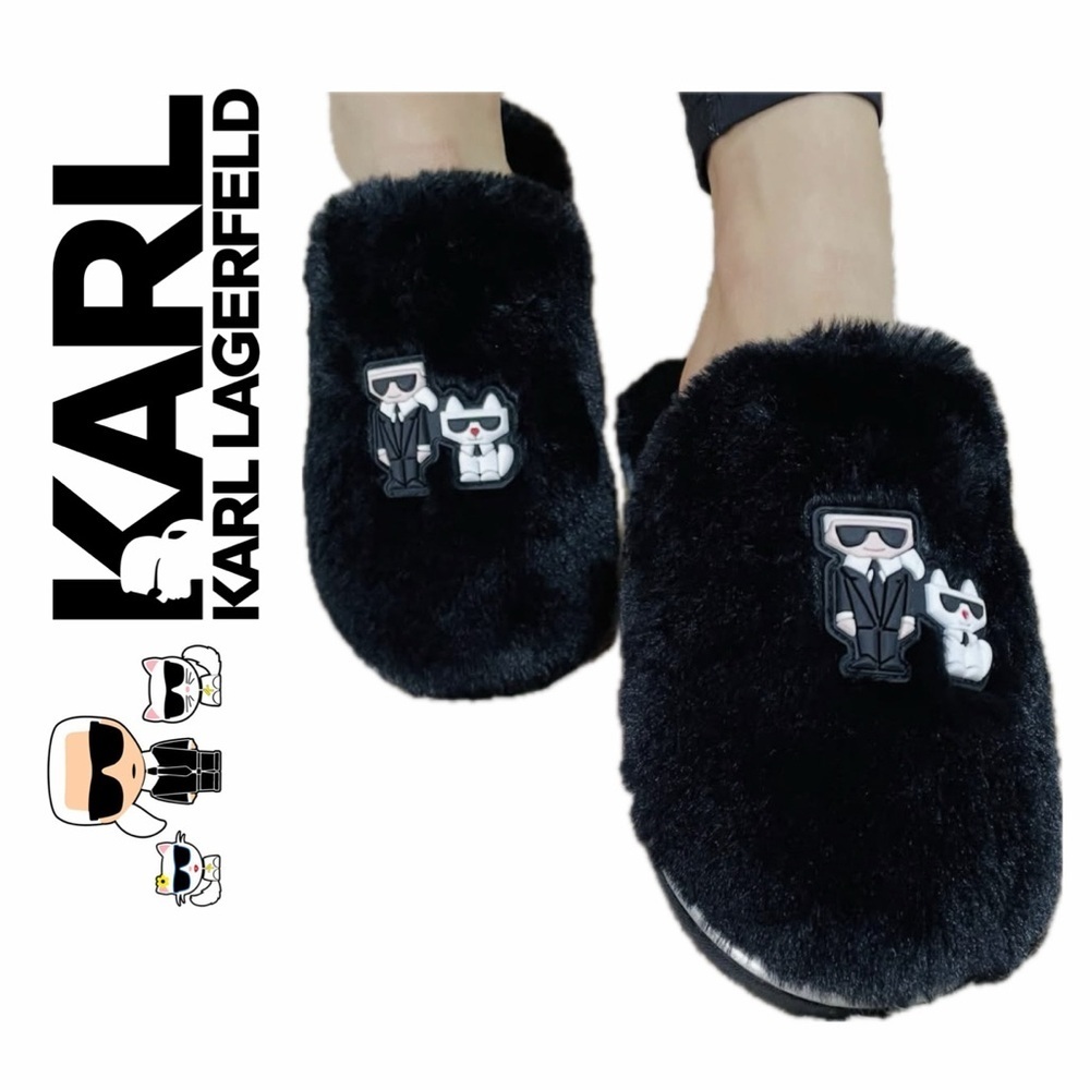 Karl LAGERFELD Slides Jacqui Faux Furry‎ Black Sz 9 Motif Cozy Kawaii WhimsiGoth